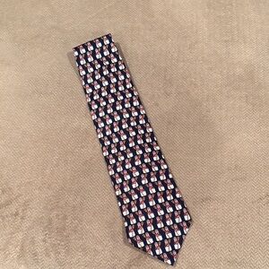 Navy Patterned Men's Silk Tie with Red and White Accents